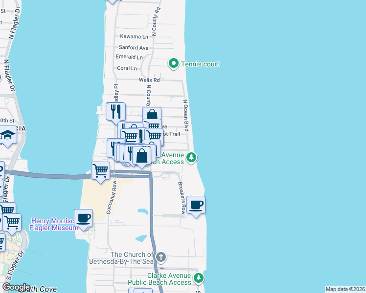 map of restaurants, bars, coffee shops, grocery stores, and more near 170 North Ocean Boulevard in Palm Beach