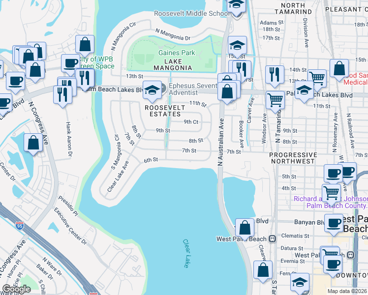 map of restaurants, bars, coffee shops, grocery stores, and more near 1359 8th Street in West Palm Beach