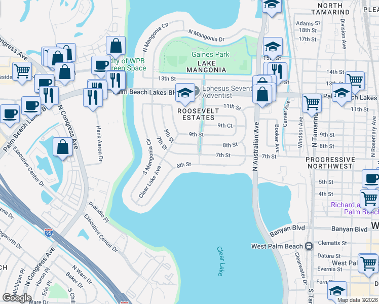 map of restaurants, bars, coffee shops, grocery stores, and more near 1415 8th Street in West Palm Beach