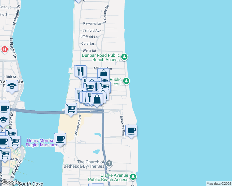 map of restaurants, bars, coffee shops, grocery stores, and more near 139 Sunrise Avenue in Palm Beach