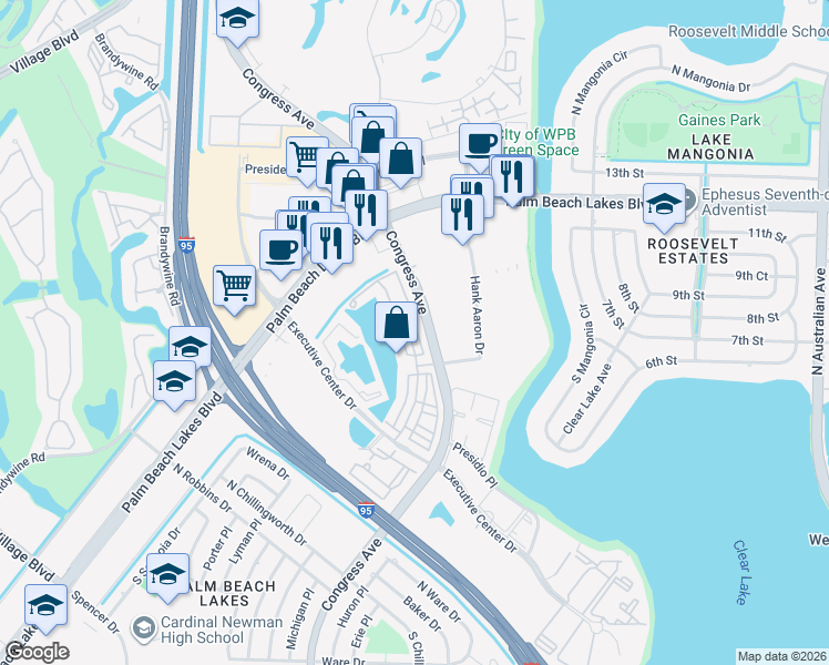 map of restaurants, bars, coffee shops, grocery stores, and more near 833 Millbrae Court in West Palm Beach