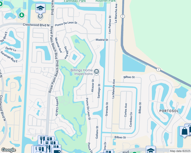 map of restaurants, bars, coffee shops, grocery stores, and more near 147 Alcazar Street in Royal Palm Beach