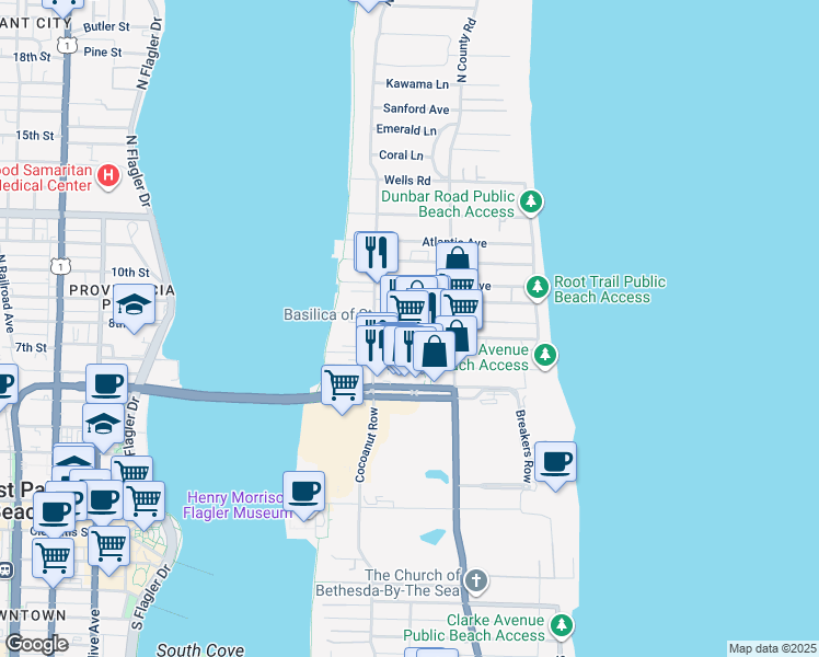 map of restaurants, bars, coffee shops, grocery stores, and more near 255 Park Avenue in Palm Beach
