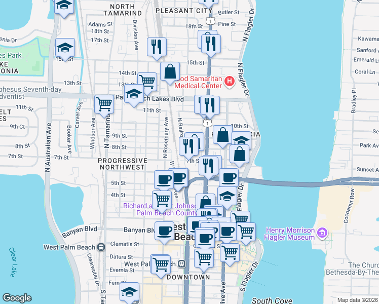 map of restaurants, bars, coffee shops, grocery stores, and more near 436 8th Street in West Palm Beach
