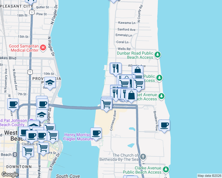 map of restaurants, bars, coffee shops, grocery stores, and more near 150 Bradley Place in Palm Beach