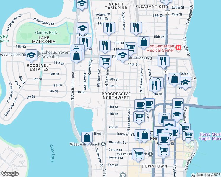 map of restaurants, bars, coffee shops, grocery stores, and more near 907 8th Street in West Palm Beach