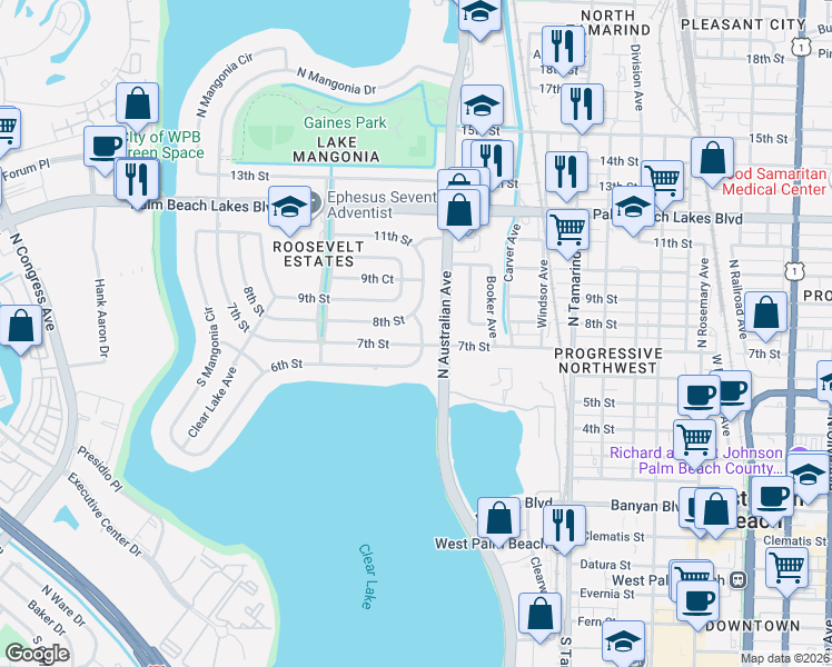 map of restaurants, bars, coffee shops, grocery stores, and more near 1327 8th Street in West Palm Beach