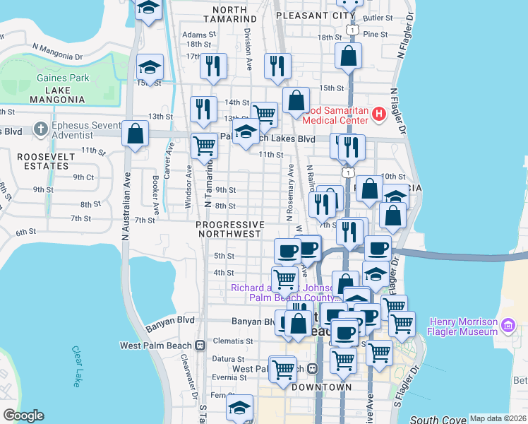 map of restaurants, bars, coffee shops, grocery stores, and more near 627 8th Street in West Palm Beach