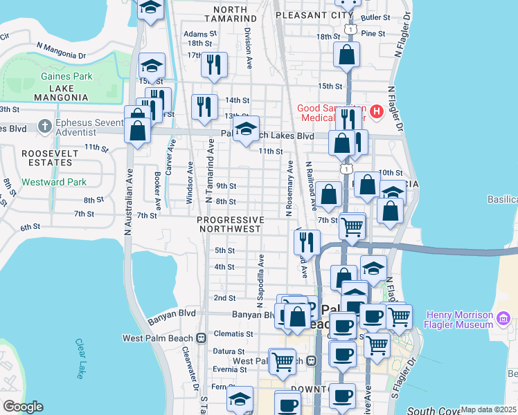 map of restaurants, bars, coffee shops, grocery stores, and more near 627 8th Street in West Palm Beach