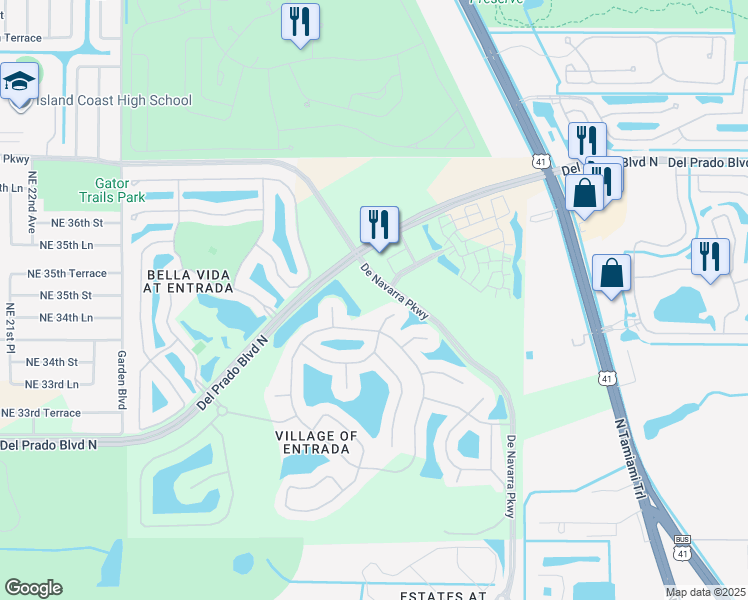 map of restaurants, bars, coffee shops, grocery stores, and more near 3600 De Navarra Parkway in Cape Coral
