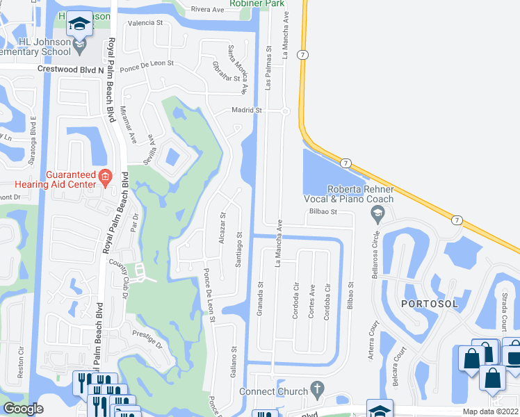 map of restaurants, bars, coffee shops, grocery stores, and more near 246 Las Palmas Street in Royal Palm Beach