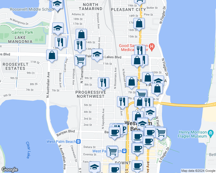 map of restaurants, bars, coffee shops, grocery stores, and more near 620 8th Street in West Palm Beach