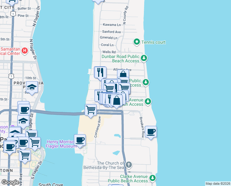 map of restaurants, bars, coffee shops, grocery stores, and more near in Palm Beach