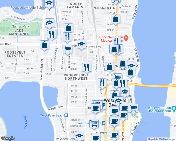 map of restaurants, bars, coffee shops, grocery stores, and more near 627 8th Street in West Palm Beach