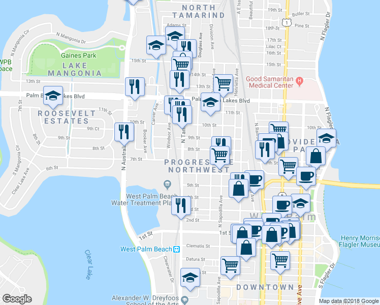 map of restaurants, bars, coffee shops, grocery stores, and more near 907 8th Street in West Palm Beach