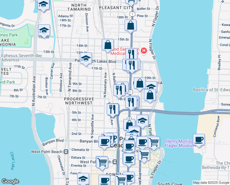map of restaurants, bars, coffee shops, grocery stores, and more near 445 8th Street in West Palm Beach