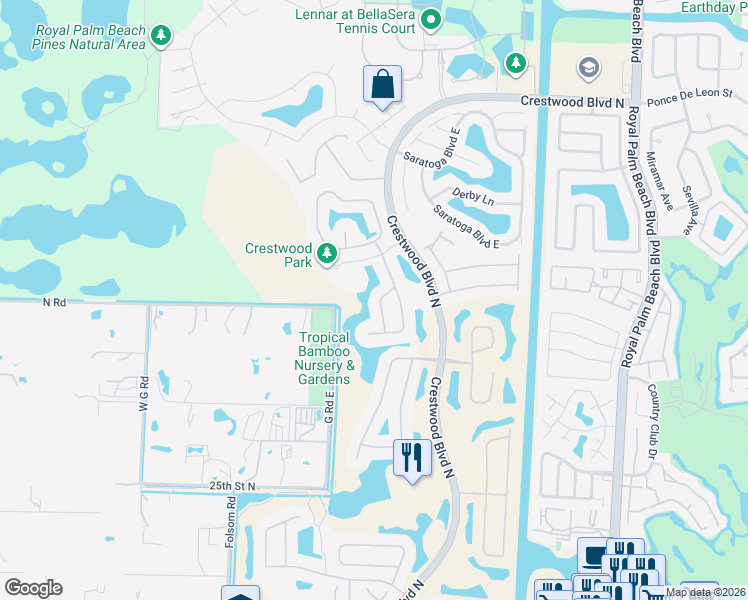map of restaurants, bars, coffee shops, grocery stores, and more near 2659 Windwood Lane in Royal Palm Beach