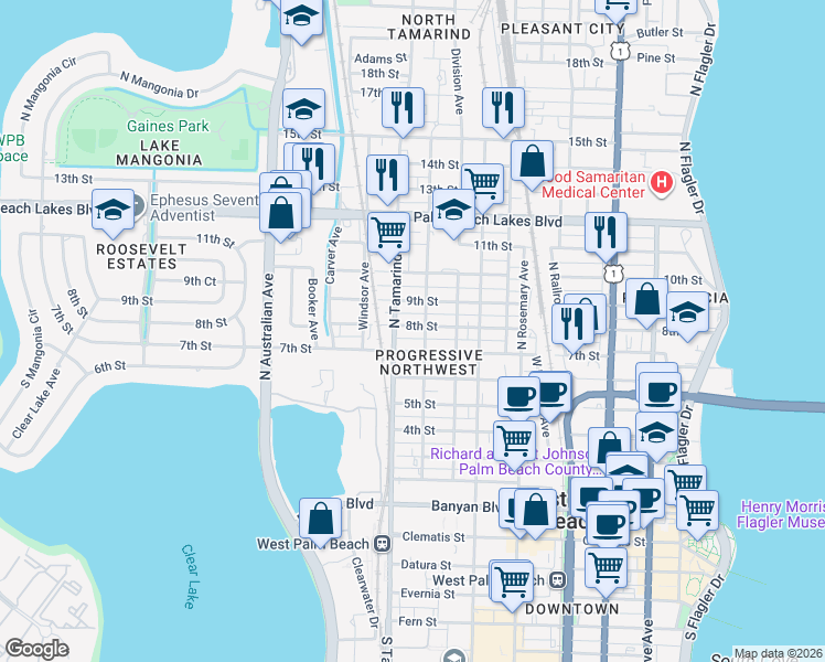 map of restaurants, bars, coffee shops, grocery stores, and more near 910 8th Street in West Palm Beach