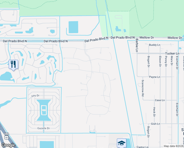 map of restaurants, bars, coffee shops, grocery stores, and more near 4091 Del Prado Boulevard North in North Fort Myers