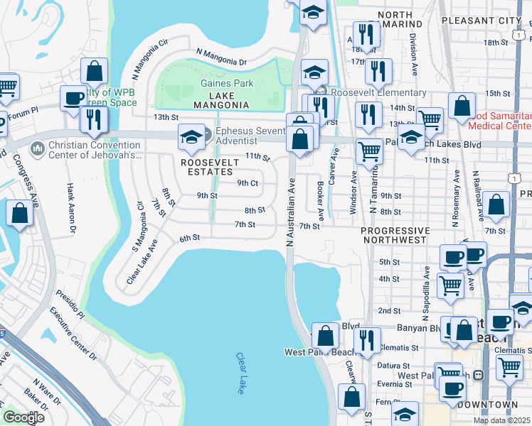 map of restaurants, bars, coffee shops, grocery stores, and more near 1320 8th Street in West Palm Beach