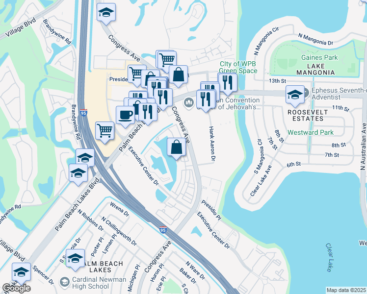 map of restaurants, bars, coffee shops, grocery stores, and more near 845 Millbrae Court in West Palm Beach