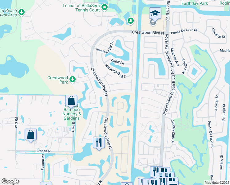 map of restaurants, bars, coffee shops, grocery stores, and more near 2411 Westmont Drive in Royal Palm Beach