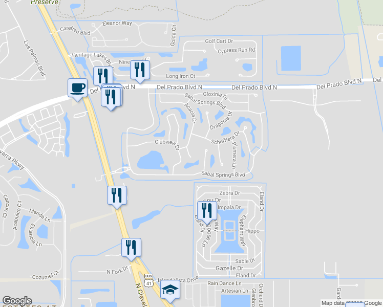 map of restaurants, bars, coffee shops, grocery stores, and more near 17581 Fan Palm Court in North Fort Myers