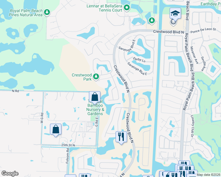 map of restaurants, bars, coffee shops, grocery stores, and more near 2659 Windwood Lane in Royal Palm Beach