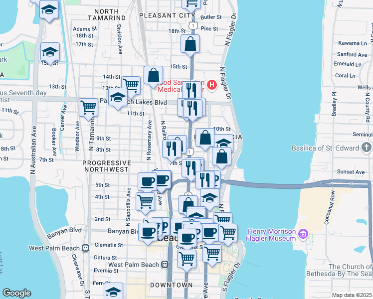 map of restaurants, bars, coffee shops, grocery stores, and more near 909 North Dixie Highway in West Palm Beach