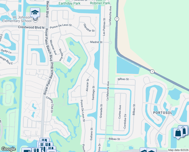 map of restaurants, bars, coffee shops, grocery stores, and more near 159 Santiago Street in Royal Palm Beach