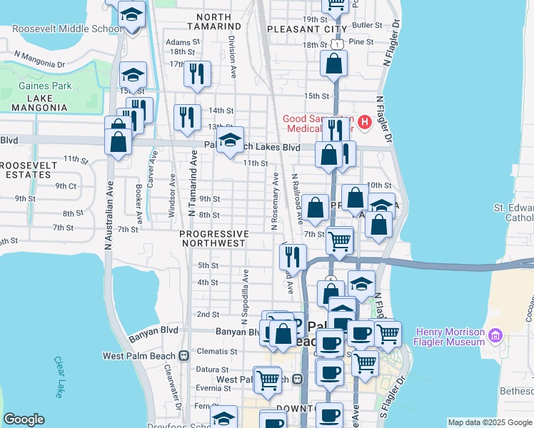 map of restaurants, bars, coffee shops, grocery stores, and more near 627 8th Street in West Palm Beach