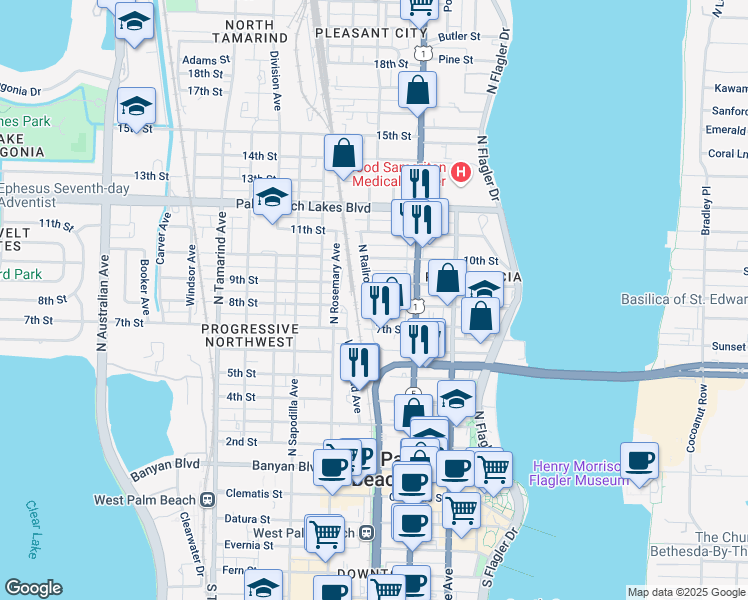 map of restaurants, bars, coffee shops, grocery stores, and more near 445 8th Street in West Palm Beach