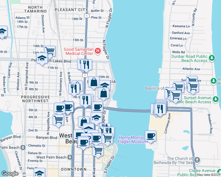 map of restaurants, bars, coffee shops, grocery stores, and more near 901 North Flagler Drive in West Palm Beach