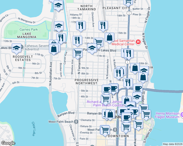 map of restaurants, bars, coffee shops, grocery stores, and more near 801 8th Street in West Palm Beach