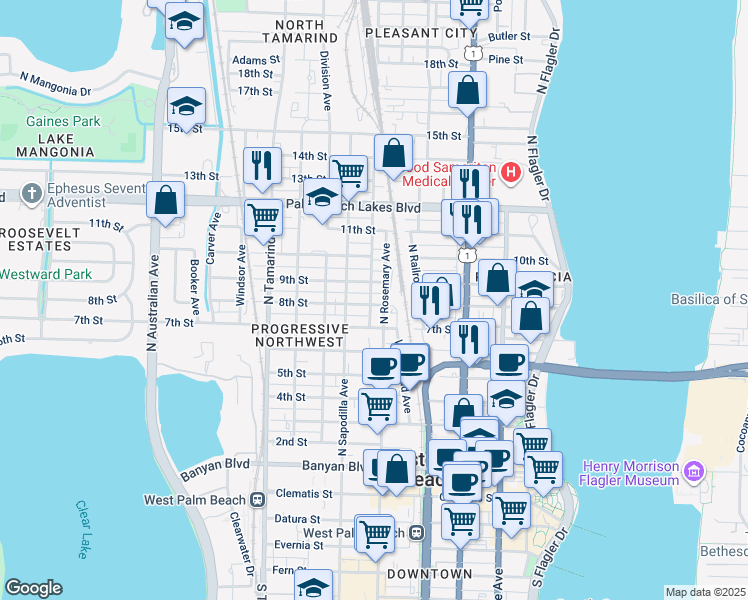 map of restaurants, bars, coffee shops, grocery stores, and more near 609 8th Street in West Palm Beach