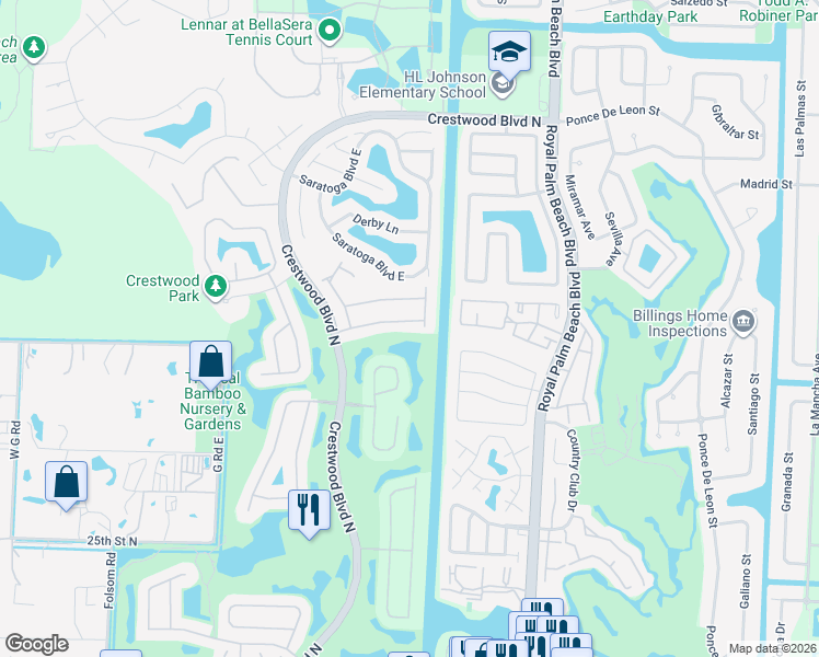 map of restaurants, bars, coffee shops, grocery stores, and more near 2433 Westmont Drive in Royal Palm Beach
