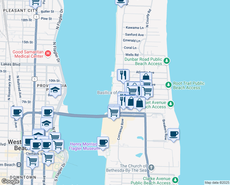 map of restaurants, bars, coffee shops, grocery stores, and more near in Palm Beach