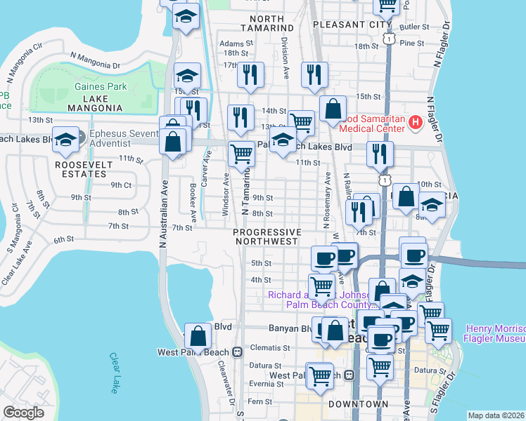 map of restaurants, bars, coffee shops, grocery stores, and more near 907 8th Street in West Palm Beach