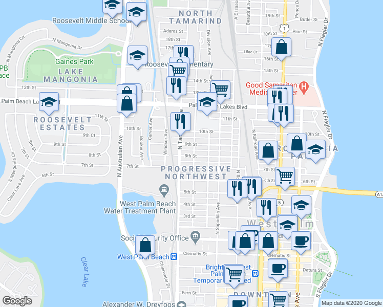 map of restaurants, bars, coffee shops, grocery stores, and more near 907 8th Street in West Palm Beach