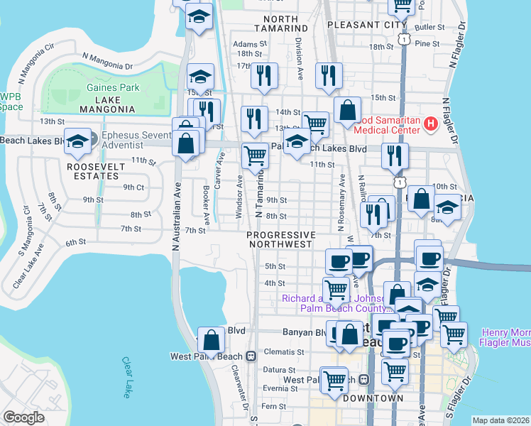 map of restaurants, bars, coffee shops, grocery stores, and more near 907 8th Street in West Palm Beach
