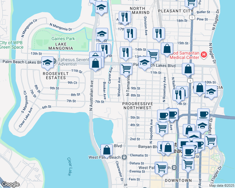 map of restaurants, bars, coffee shops, grocery stores, and more near in West Palm Beach