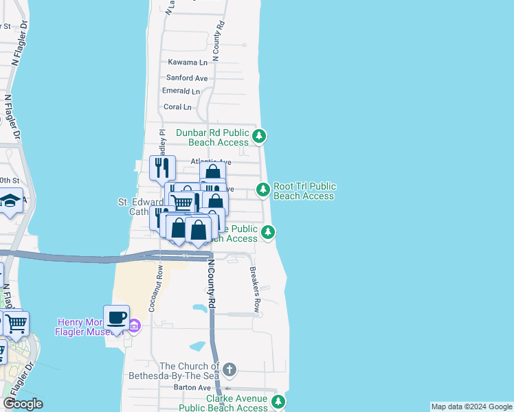 map of restaurants, bars, coffee shops, grocery stores, and more near 170 North Ocean Boulevard in Palm Beach
