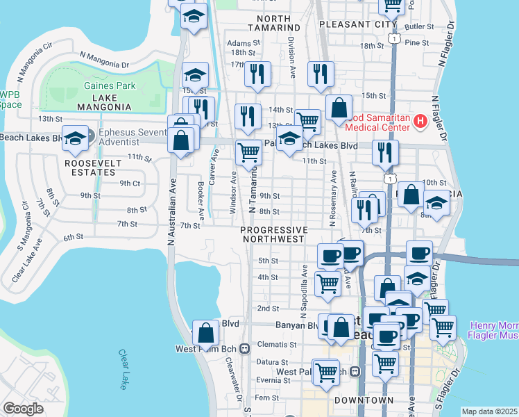 map of restaurants, bars, coffee shops, grocery stores, and more near 907 8th Street in West Palm Beach