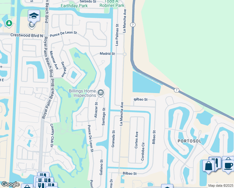 map of restaurants, bars, coffee shops, grocery stores, and more near 249 Las Palmas Street in Royal Palm Beach
