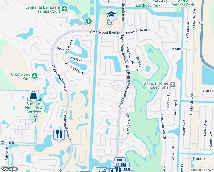 map of restaurants, bars, coffee shops, grocery stores, and more near 73 Conaskonk Circle in Royal Palm Beach