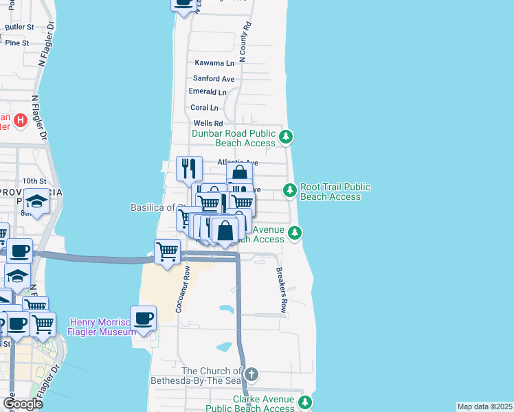 map of restaurants, bars, coffee shops, grocery stores, and more near 151 Grace Trail in Palm Beach