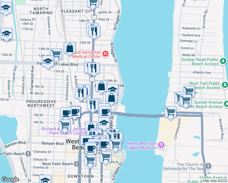 map of restaurants, bars, coffee shops, grocery stores, and more near 228 9th Street in West Palm Beach
