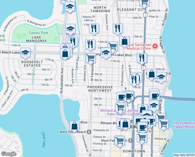 map of restaurants, bars, coffee shops, grocery stores, and more near 907 8th Street in West Palm Beach