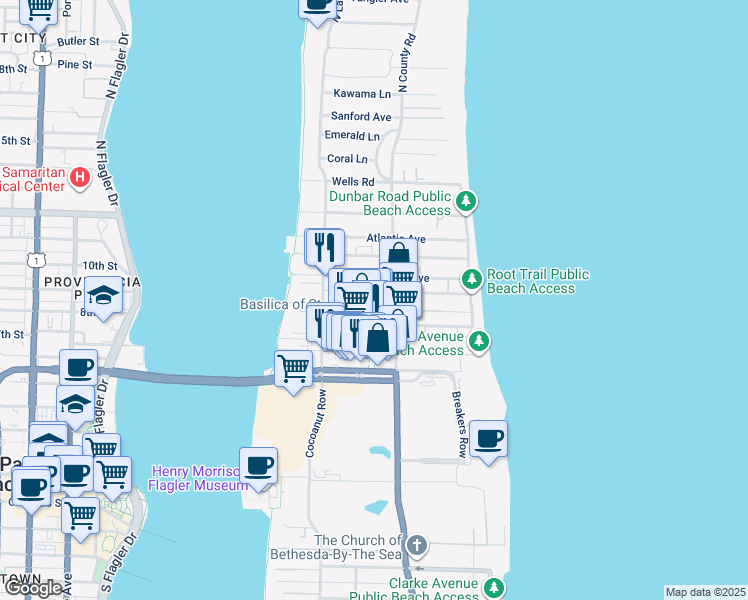 map of restaurants, bars, coffee shops, grocery stores, and more near 213 Park Avenue in Palm Beach
