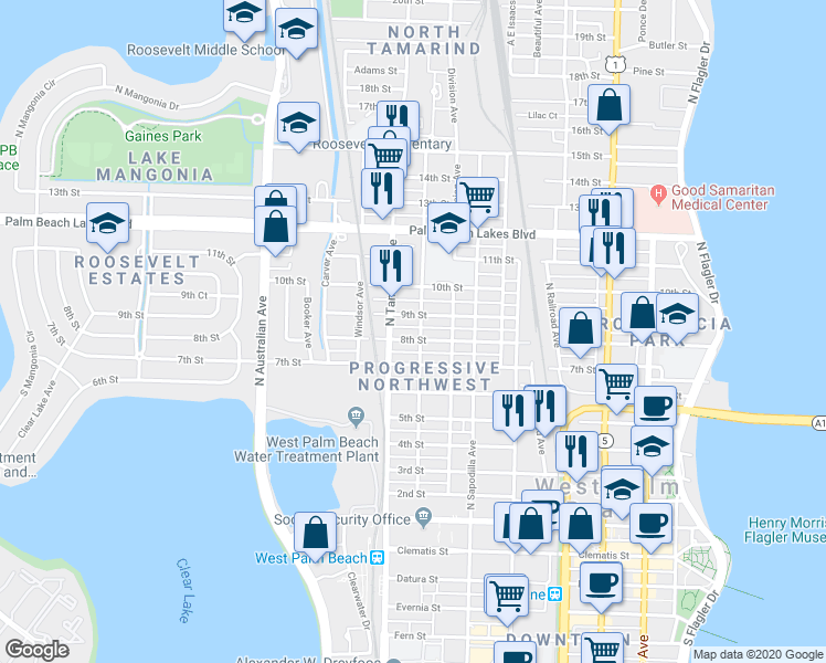 map of restaurants, bars, coffee shops, grocery stores, and more near 907 8th Street in West Palm Beach